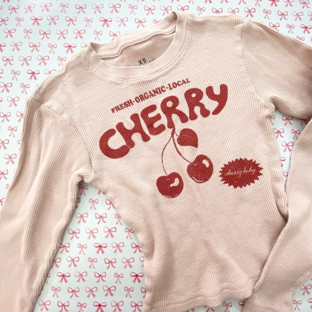 Cherries Graphic Waffle Knit Long Sleeve Top🍒
